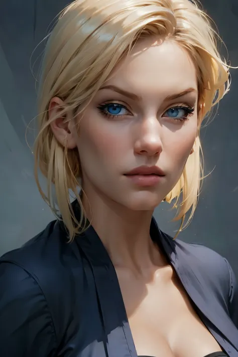 a realistic masterpiece portrait of a stunning blonde woman in her 30s, featuring expressive blue eyes, short bobbed hair, a sle...