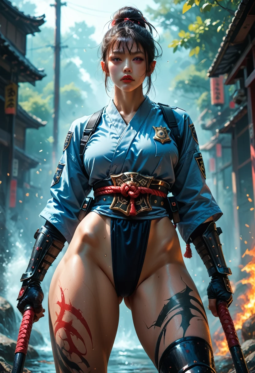 fbi ,usa ,usa police,police woman,Samurai Kusazuri Armour,Samurai Kusazuri Armour ,(kusazuri ),japanese ,mix old style armour with new police riot ,riot ,standing muscular girl ,revealing clothes ,spike, club ,mace ,kimono ,Japanese armor ,oni
