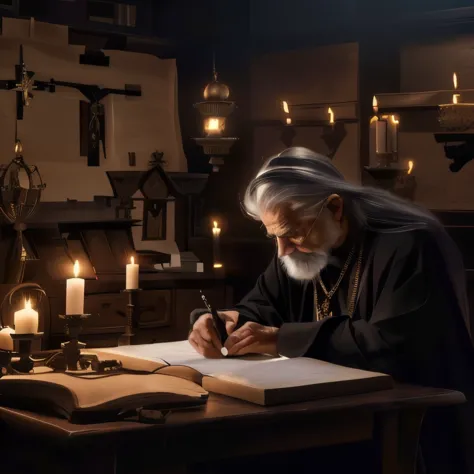 elderly man with long, gray hair, wearing a dark robe and a large cross necklace, sitting at a wooden desk, writing in an open b...