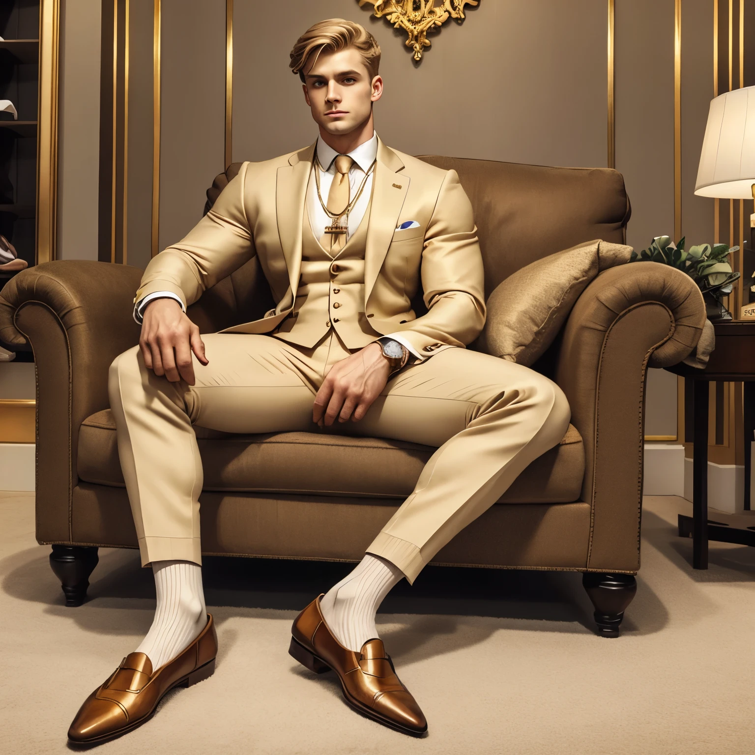 full view, blond preppy guy in beige sheer socks, beige dapper suit, no shoes on, many golden rings, necklaces, golden chains, diamond watch, seated in armchair , arrogantly presenting and pointing his beige sheer socked feet, to a young brown haired salesman in dark suit, black shoes and socks, sniffing the beige socked foot, looking disgusted, in chic department store