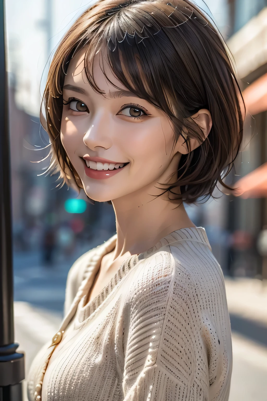 ((masterpiece)), ((Highest quality)), ((Complex)), ((Surreal)), (Realistic), (Mature Woman), ((There are no classes)), Very detailed, (1 female), Beautiful and exquisite, (Beautiful Teeth), Grin, Brunette bob hair, Brown eyes, ((blouse)), (Upper Body), (background:none), Perfect Eyes, Captivating eyes, Looking at the audience