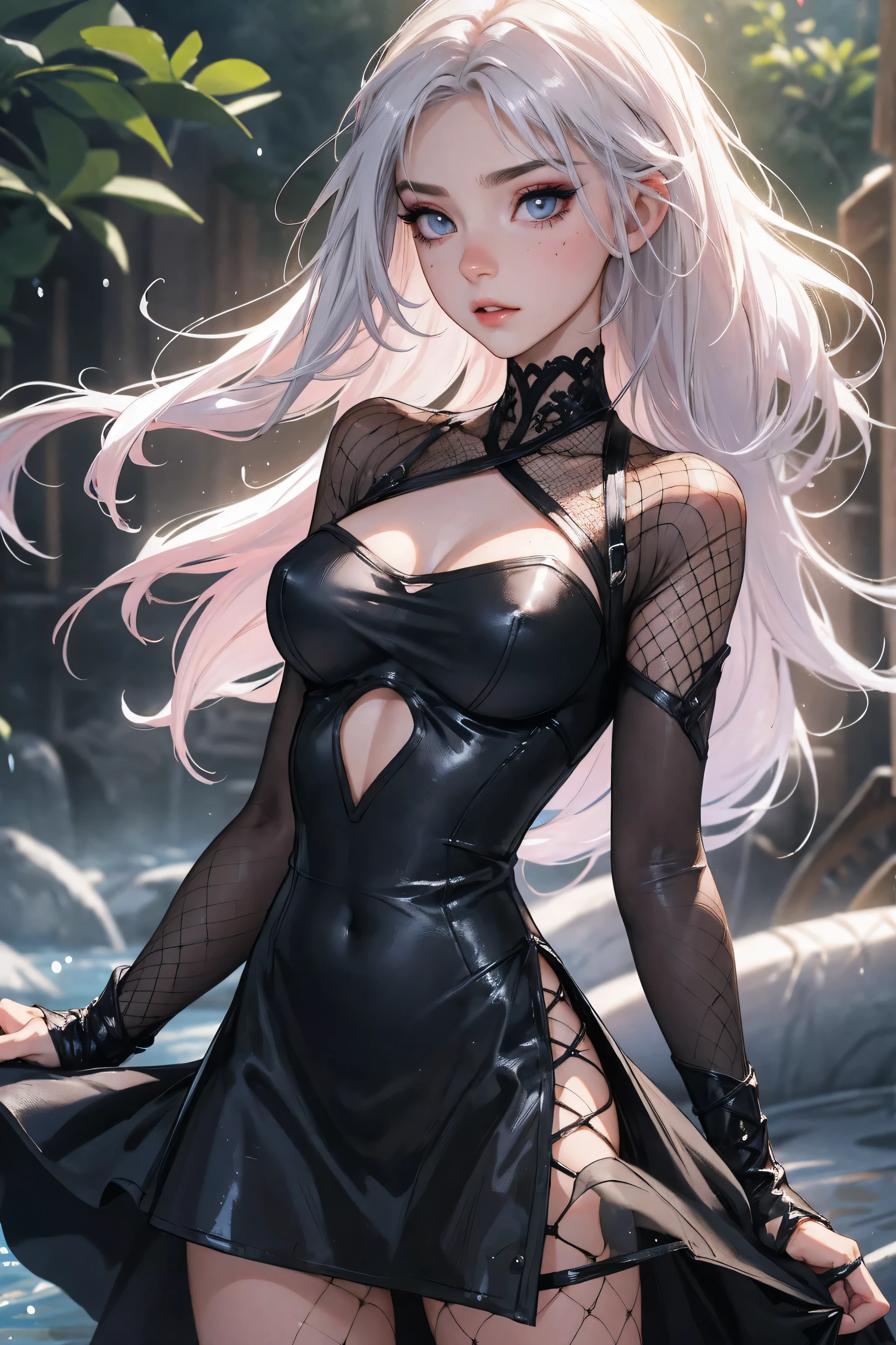 （lifelike， high - resolution：1.3）， 1 girl with a perfect body，slender body, Super fine face and eyes，assasin, dark makeup, shiny skin，white hair,((fishnet dress)))， Expose cleavage, extravagant makeup, pink eyeshadow, dark makeup shocked expression,  shiny skin, action pose, extravagant makeup, savage lands, feral lands, (waterfall, soaked), grey blue eyes, ((fishnets)), (side part)
