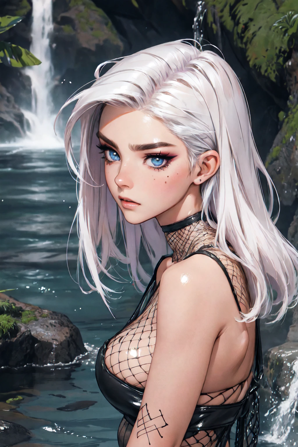 （lifelike， high - resolution：1.3）， 1 girl with a perfect body，slender body, Super fine face and eyes，assasin, dark makeup, shiny skin，white hair,((fishnet dress)))， Expose cleavage, extravagant makeup, pink eyeshadow, dark makeup shocked expression,  shiny skin, action pose, extravagant makeup, savage lands, feral lands, (waterfall, soaked), grey blue eyes, ((fishnets)), (side hair part)
