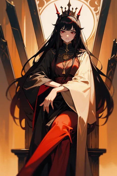 he wears a red crown and devil horns on his head., she ruled the demon world for a long time., straight hair.black-haired karak,...