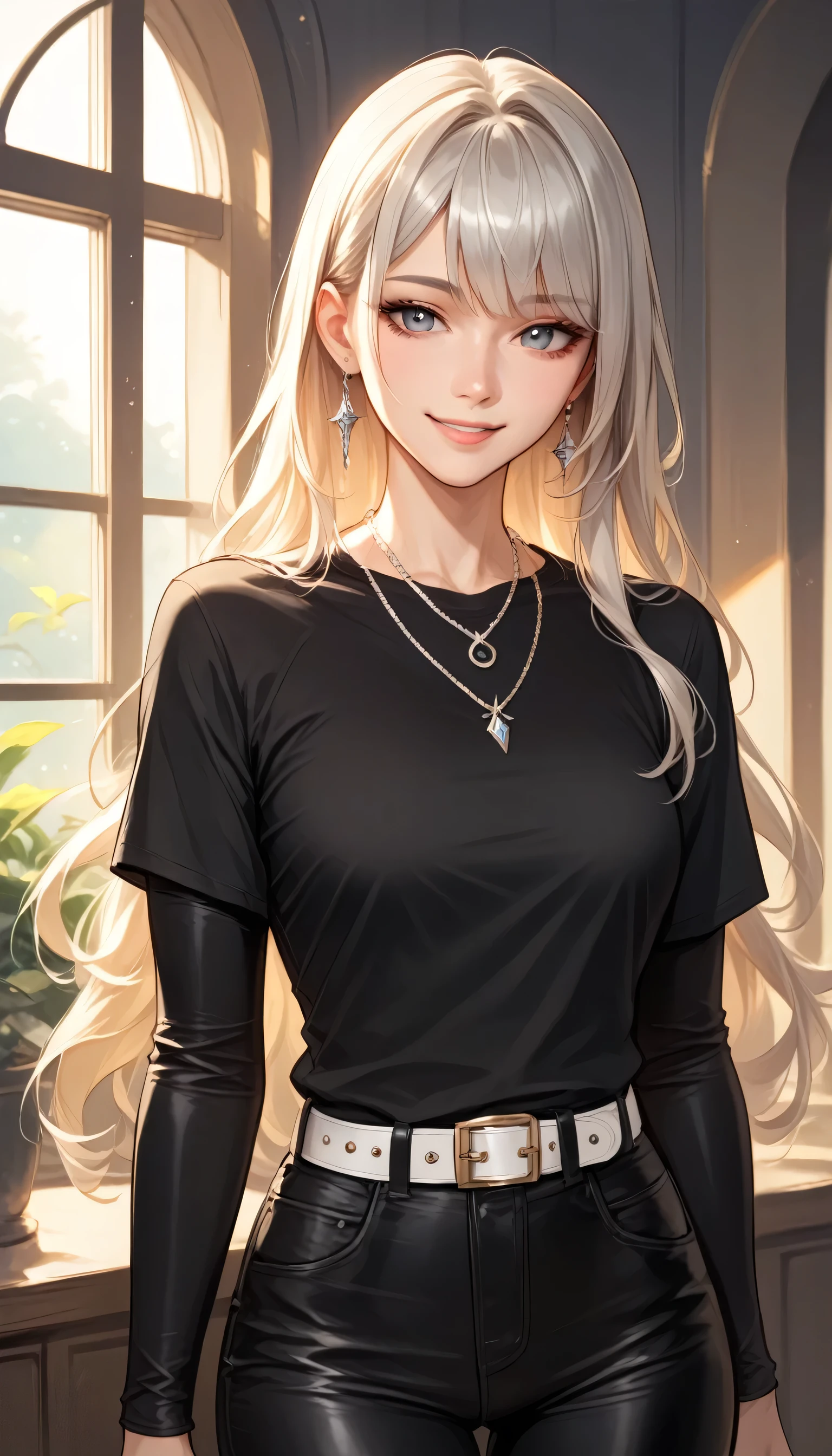 Izayoi Seishin artstyle, (score_9, score_8_up, score_7_up), (best quality, masterpiece),perfect anatomy,(aesthetic,very aesthetic),official style, (ultra-high resolution), 1girl, long straight blonde hair with bangs, long sleeve black t-shirt, black leather trousers, silver belt, silver necklace, smile, playful and cute appearance