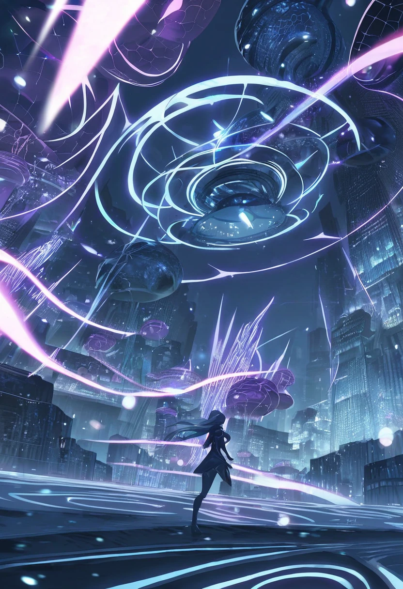 A woman fights mysterious life forms in a futuristic city