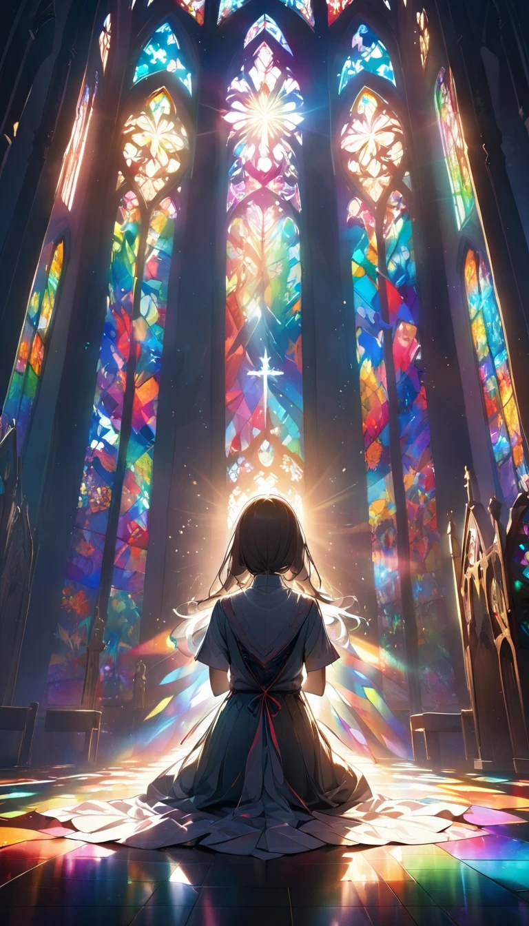 Backlight, A sister praying with her back turned, Backlightを浴びたシルエット, The richly colored light that shines through the stained glass aesthetically envelops you, 