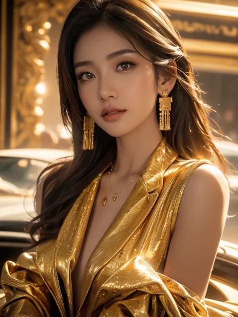 a sexy asian girl wearing a racing suit, smiles, surrounded by gold and money, (best quality,4k,8k,highres,masterpiece:1.2),ultr...