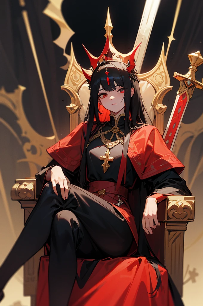 He wears a red crown and devil horns on his head., She ruled the demon world for a long time., straight hair.Black-haired Karak, Sitting on a mystical throne like a god, Sit on the throne and cross your legs., Eyes red, He is holding a black fancy sword,Wearing black and fancy clothes, One hand is holding a sword, and the other hand seems to be thinking., It&#39;s inside the magnificent Demon King&#39;s Castle