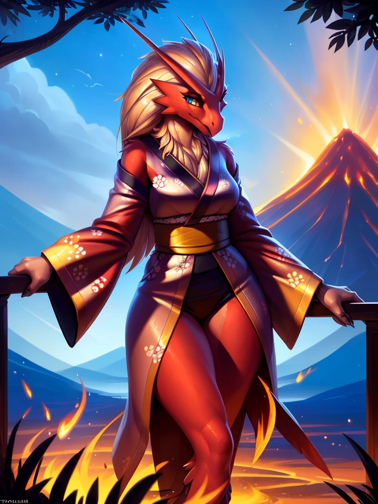 uploaded on e621, ((Blaziken)) by Pixelsketcher, by Bayard Wu, by Thomas Benjamin Kennington , by Einshelm, anthro, ((portrait, face focus, close-up)), BREAK, ((kimono:1.2)), wearing a kimono, long flowing kimono, red kimono, fire design on kimono, full body kimono)), (detailed Bonifasko lighting), (detailed feathers), (detailed fur), (female Blaziken), BREAK, ((long flowing hair)), ((facing viewer)), (cinematic lighting), ((detailed background)), ((upper body portrait view)), (((portrair view))), (half body shadow), [backlighting], [crepuscular ray], [detailed ambient light], [gray natural lighting], [ambient light on the belly], (higher wildlife feral detail), [sharp focus], (shaded), ((masterpiece), medium breasts, furry Blaziken, bird face, furry Fantasy Art, furry Art, Commission for High Res, anthro Art, POV furry Art,Sakimichan beautiful, masterpiece, best quality, detailed image, bright colors, detailed face, perfect lighting, perfect shadows, perfect eyes, girl focus, blue eyes, flawless face, face focus, long flowing kimono, bird girl, feathers, feathers woman, large long muzzle, colorful feathers, gaze at the viewer, half-closed eyes, 1girl, full body, (masterpiece:1.21), (best quality:1.2), (illustration:1.2), (cinematic lighting:1.3), detailed fur, balanced coloring, global illumination, ray tracing, good lighting, feathers, anthro, looking at viewer, (standing outside, in volcano, fire and snoke, woman looking at viewer, woman looking at camera, fire in open hands, in a fighting pose, wearing red kimono