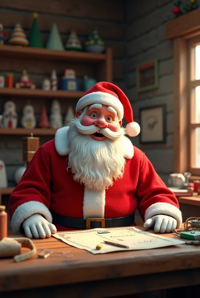 a classic fat santa claus, friendly and smiling, sitting at the desk in his workshop with the table in front of him, facing the viewer. hyperrealistic photographic style 