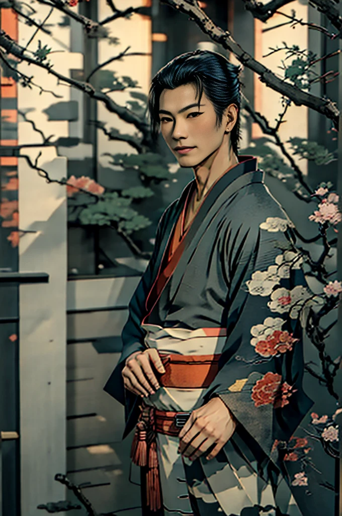 A glamorous brothel parlor,She unbuttons her lustrous and gorgeous red kimono.、Take a sip of sake from a cup,A male courtesan with a slim and handsome face,Eight hairpins in her hair,She has a sad, inviting smile on her face.