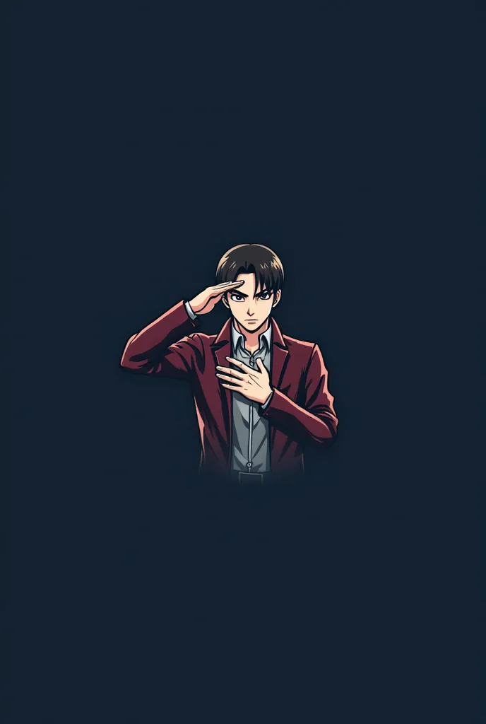 Create a logo featuring Levi Ackerman from Attack on Titan. The design should show Levi performing a standard salute, with his right fist placed over his heart, and looking forward with a stern, determined expression. The background should be a deep, dark blue or navy to reflect his calm yet intense nature. Ensure the logo is clean and impactful, suitable for use as a profile picture and video thumbnails.

