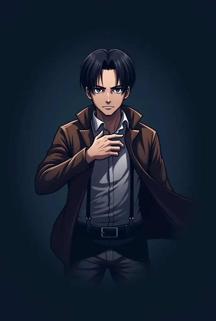 Create a logo featuring Levi Ackerman from Attack on Titan. The design should show Levi performing with his right fist placed over his heart, and looking forward with a stern, determined expression. The background should be a deep, dark blue or navy to reflect his calm yet intense nature. Ensure the logo is clean and impactful, suitable for use as a profile picture and video thumbnails.

