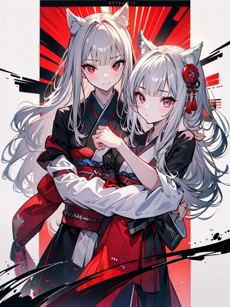 high quality, wolf ears,black kimono,gray hair,long hair, seductive red eyes,nice,japanese style,fight,martial arts,fist,fistのfi...