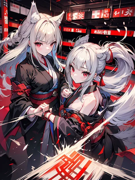 high quality, wolf ears,black kimono,gray hair,long hair, seductive red eyes,nice,japanese style,fight,martial arts,fist,fistのfi...