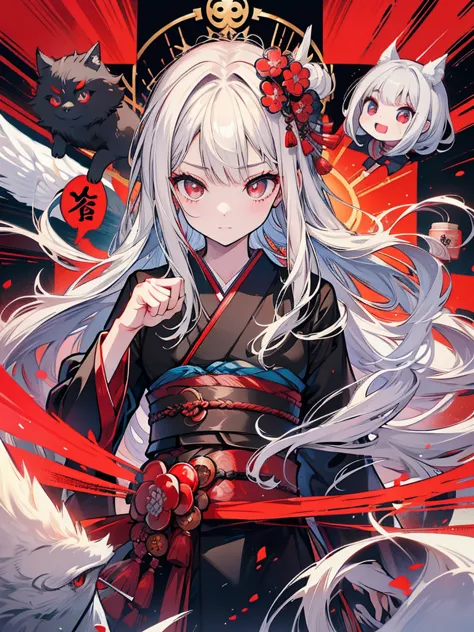 high quality、black kimono、gray hair、long hair、captivating red eyes、nice、japanese style、fight、martial arts、fist、fistの戦い、movie、fig...