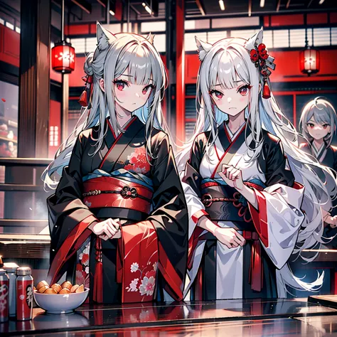 high quality、black kimono、gray hair、long hair、captivating red eyes、nice、japanese style、fight、martial arts、fist、fistの戦い、movie、fig...