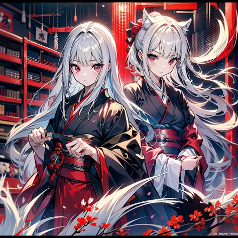 high quality、black kimono、gray hair、long hair、captivating red eyes、nice、japanese style、fight、martial arts、fist、fistの戦い、movie、fig...