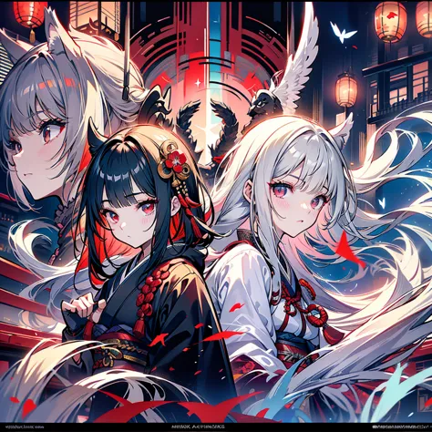 the best composition、masterpiece、high quality、black kimono、gray hair、long hair、captivating red eyes、nice、japanese style、fight、ma...