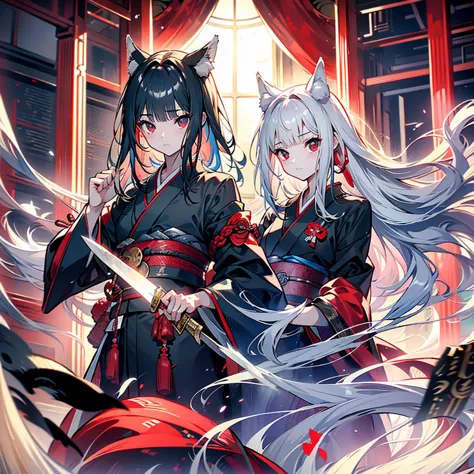 masterpiece、the best composition、masterpiece、high quality、black kimono、gray hair、long hair、captivating red eyes、nice、japanese st...