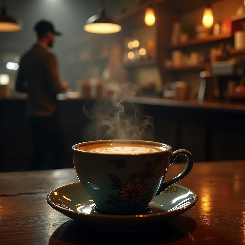 Night Cafe、counter、Close-up of coffee surface、Gloss、reflection、steam、Backlight、Decorative ceramic cup、Depth of written boundary、Cafe owner