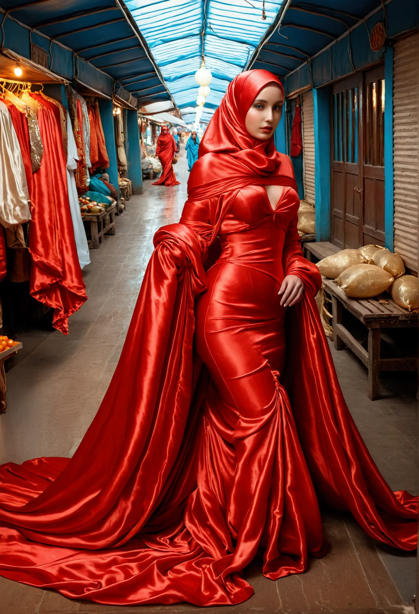 a woman shrouded in a 9-meter-long, plush red satin cloth, tightly bound and grandly draping along the form of her body, flowing...