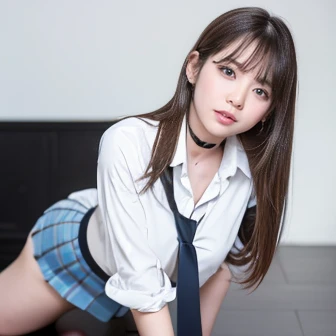 Beautiful high school girl、bangs、tits、White collared blouse、mini skirt、Black tights、Model body type、Outstanding style、((Full body shot))