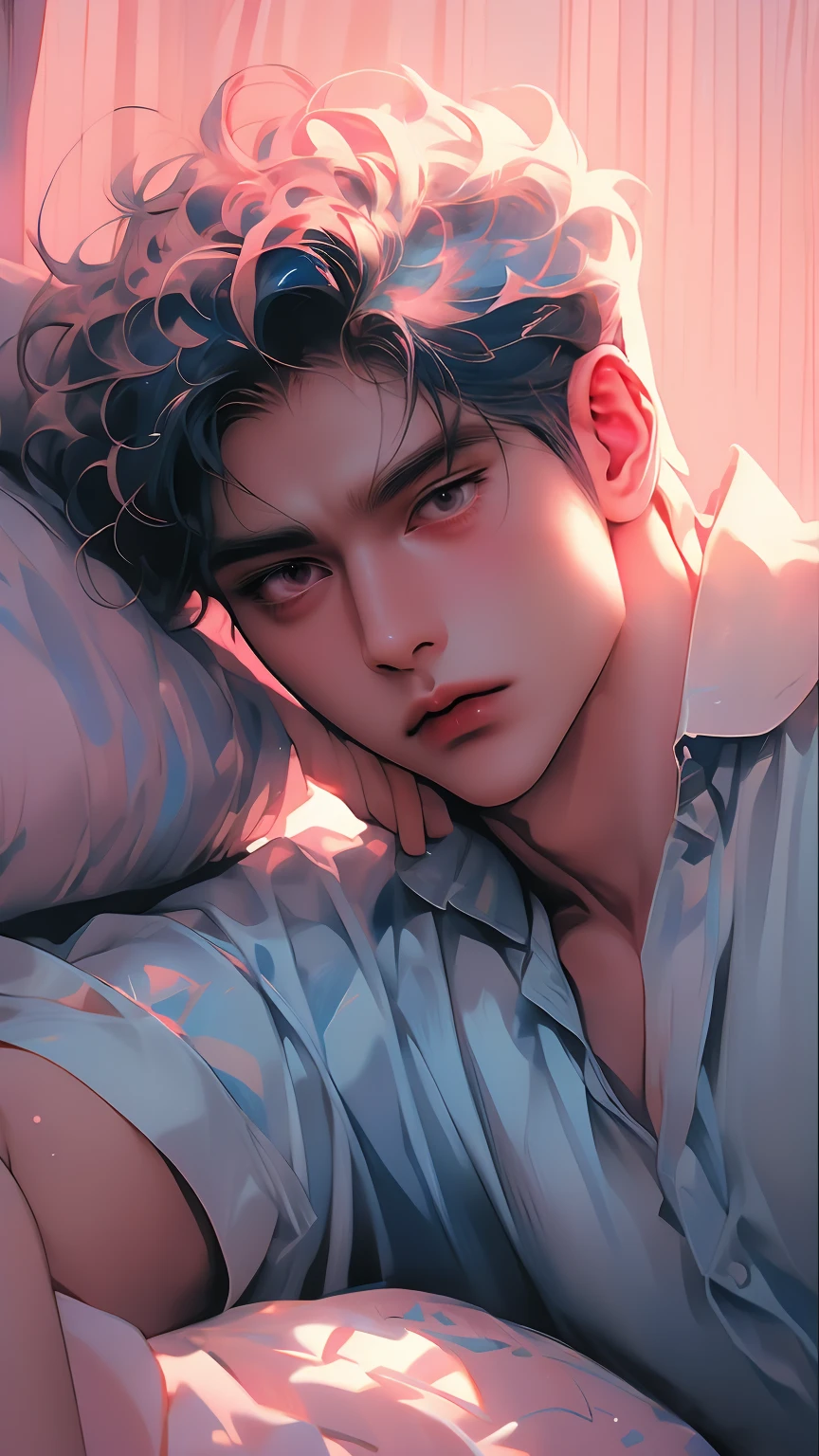 1man, European manhwa, relaxed pose, short hair, black jacket, hand resting on forehead, lying down, looking up, well-defined abs, smooth skin, pink and blue colored lighting, dark background, casual and intense atmosphere, front view, shallow depth of field, mixed lighting, high contrast, balanced exposure.

