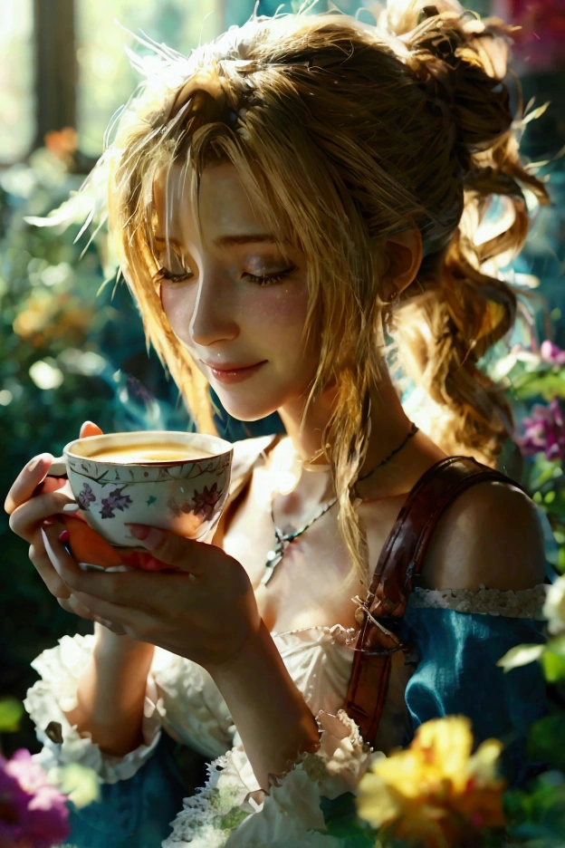 Aerith de Final Fantasy 7 avec une tenue ecrit 54 tenant une petite tasse de café, sourire