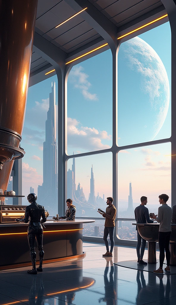 a cinematic digital painting of a modern spacious sci-fi coffee shop, large windows revealing an alien planet landscape, android baristas preparing coffee behind a counter, futuristic architecture, cinematic lighting, lens flare