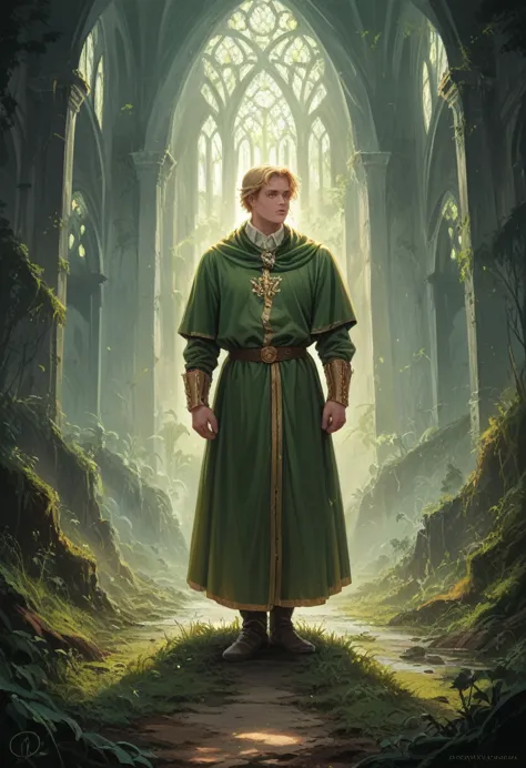 a prince with golden blonde hair, wearing a moss green medieval military outfit, looking forward with piercing emerald green gaz...