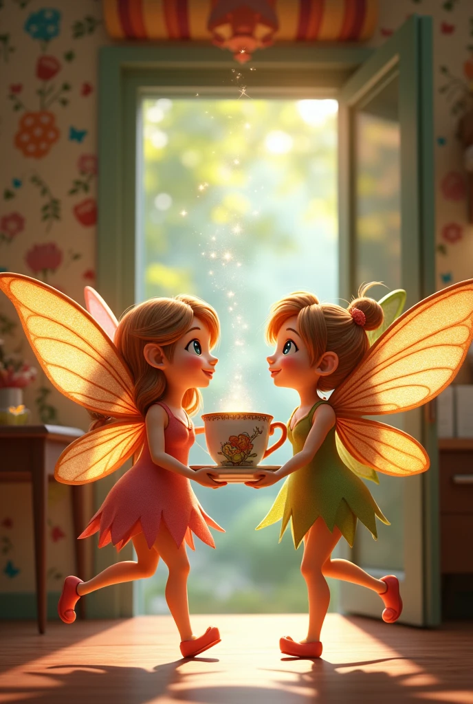 Super realistic illustration, Detailed Fantasy cartoon art, Cinema 4D rendering, A coffee shop run by little fairies. The interior is filled with wallpaper and fixtures with fairy designs reminiscent of the world of myth. A human stops by and orders the shop's original fairy tea. A cute fairy is drawn on the teacup, and a mellow aroma rises from the tea. The teacup is for humans and too big for fairies, so two beautiful fairies work together to carry the teacup. When the fairies move, a sparkling trail can be seen behind them.