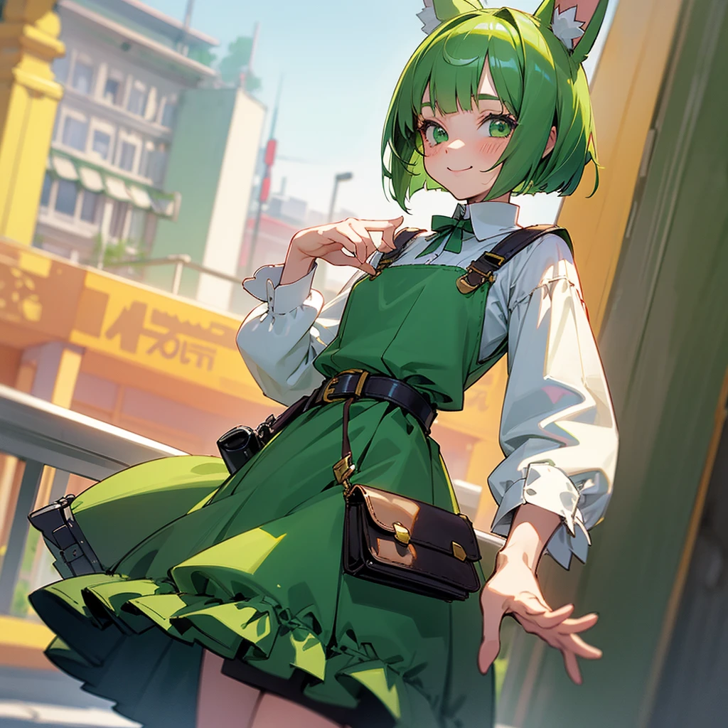 Green rabbit ears, green animal ears, a girl, bob cut, green hair, green eyes, alone, short,  (Lolita), (childhood), smile, overall, belt, waist bag, waist pouch, kawaii, cute,face, 1900 age, City