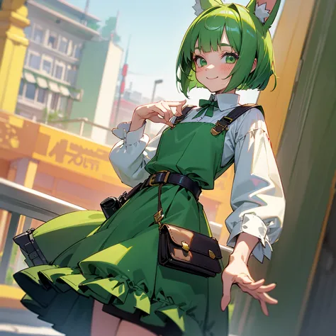 green rabbit ears, green animal ears, a girl, bob cut, green hair, green eyes, alone, short,  (lolita), (childhood), smile, over...