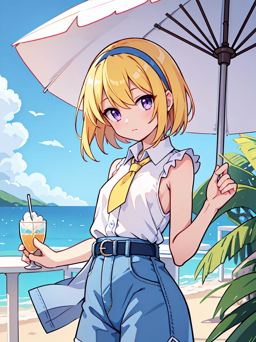 Cafe terrace overlooking the sea, Blue sky and sea, White parasol, Curtains swaying in the wind, Glass teacups, A refreshing breeze in the afternoon, 1 female, alone, Yellow Hair, blonde, Purple eyes, short hair, hair band, Flat Chest, , Collared shirt,Sleeveless shirt,Pink Shirt, White Belt, Denim shorts, 