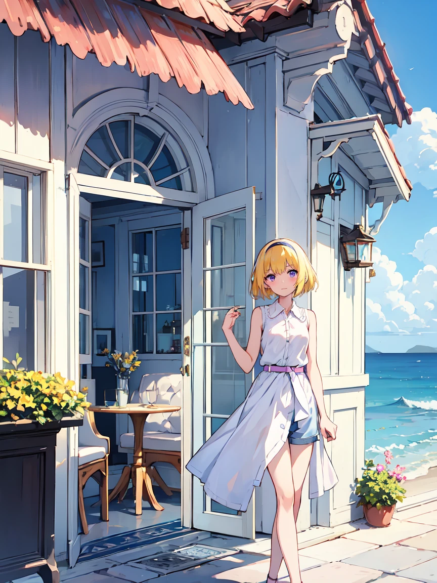 Cafe terrace overlooking the sea, Blue sky and sea, White parasol, Curtains swaying in the wind, Glass teacups, A refreshing breeze in the afternoon, 1 female, alone, Yellow Hair, blonde, Purple eyes, short hair, hair band, Flat Chest, , Collared shirt,Sleeveless shirt,Pink Shirt, White Belt, Denim shorts, 