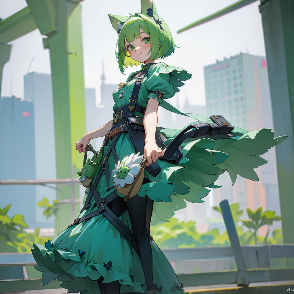 Green rabbit ears, green animal ears, a girl, bob cut, green hair, green eyes, alone, short,  (Lolita), (childhood), (tiny) smile, overall, belt, waist bag, waist pouch, kawaii, cute,face, 1900 age, City