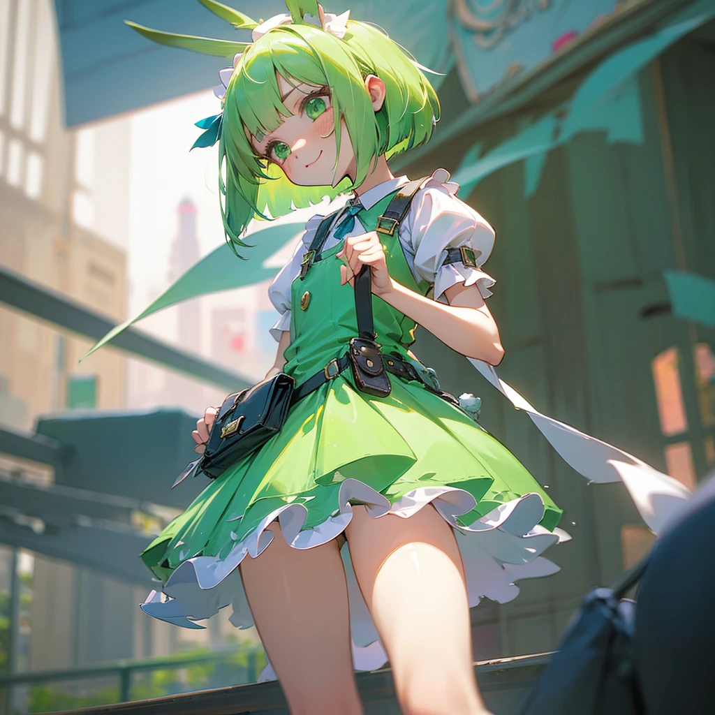 long Green rabbit ears, green animal ears, a girl, bob cut, green hair, green eyes, alone, short,  (Lolita), (childhood), (tiny) smile, overall, belt, waist bag, waist pouch, kawaii, cute,face, 1900 age, City