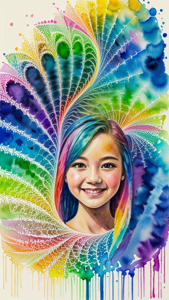 (masterpiece, Highest quality, Highest quality, watercolor (Moderate), Official Art, beautifully、aesthetic: 1.2), (1 girl: 1.3), (Fractal Art: 1.3), morning, Good morning, smile, sunny day, Hilarious, Viewer, pattern, Wave, (Rainbow Hair, colorful Hair: 1.2), null, gas, cloud, colorful, Soap bubble