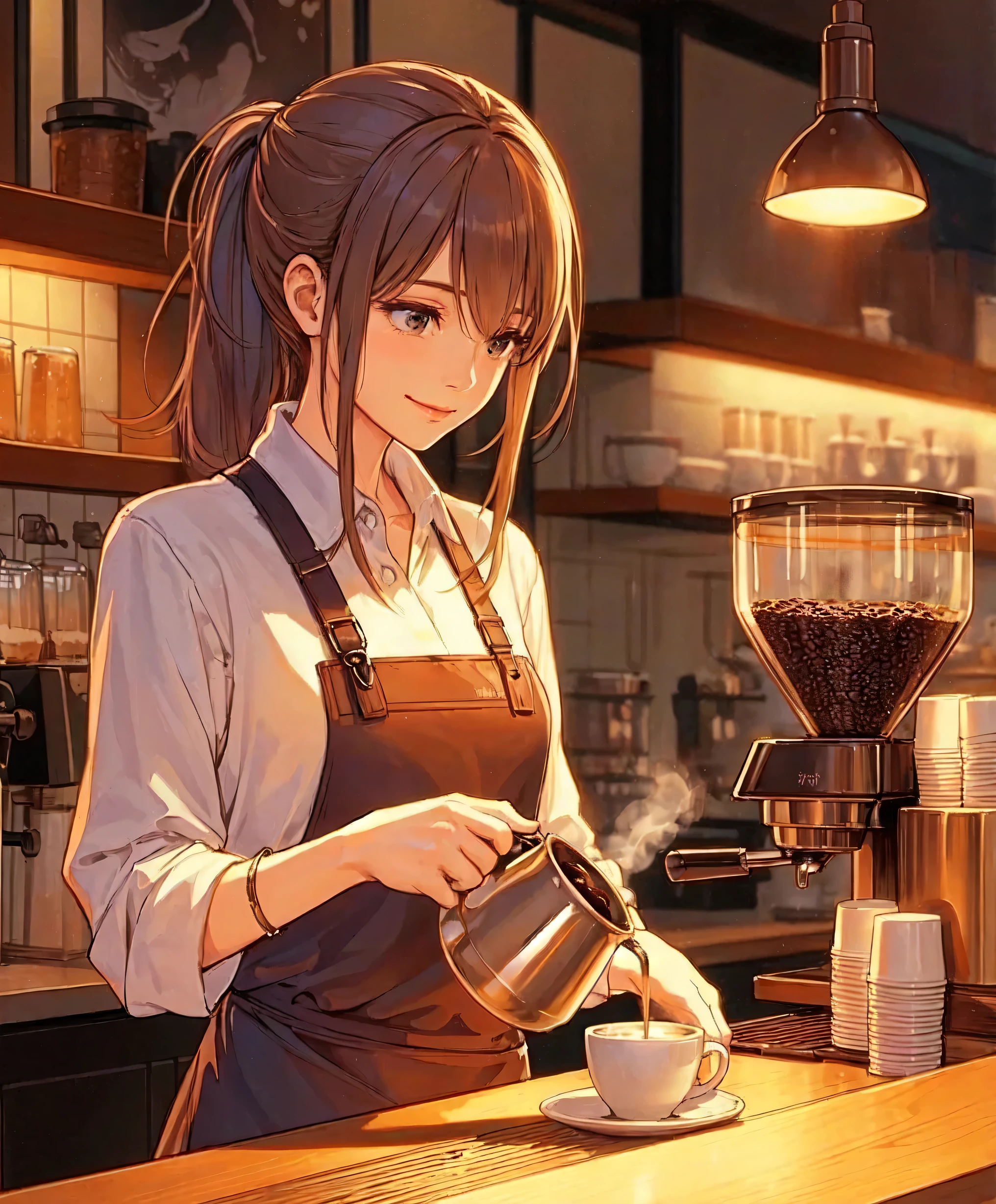 1lady solo, standing, ((pouring coffee into a cup:1.1) on counter), barista, (calm outfit) apron, (mature female:0.8), /(light brown hair/) bangs, (low ponytail), kind smile, (masterpiece best quality:1.2) delicate illustration ultra-detailed, medium breasts BREAK ((holding pot:1.1) in hand), (coffee flowing quietly from the pod) BREAK (cozy cafe) indoors, (shelves with coffee beans and equipment), warm lighting, detailed background