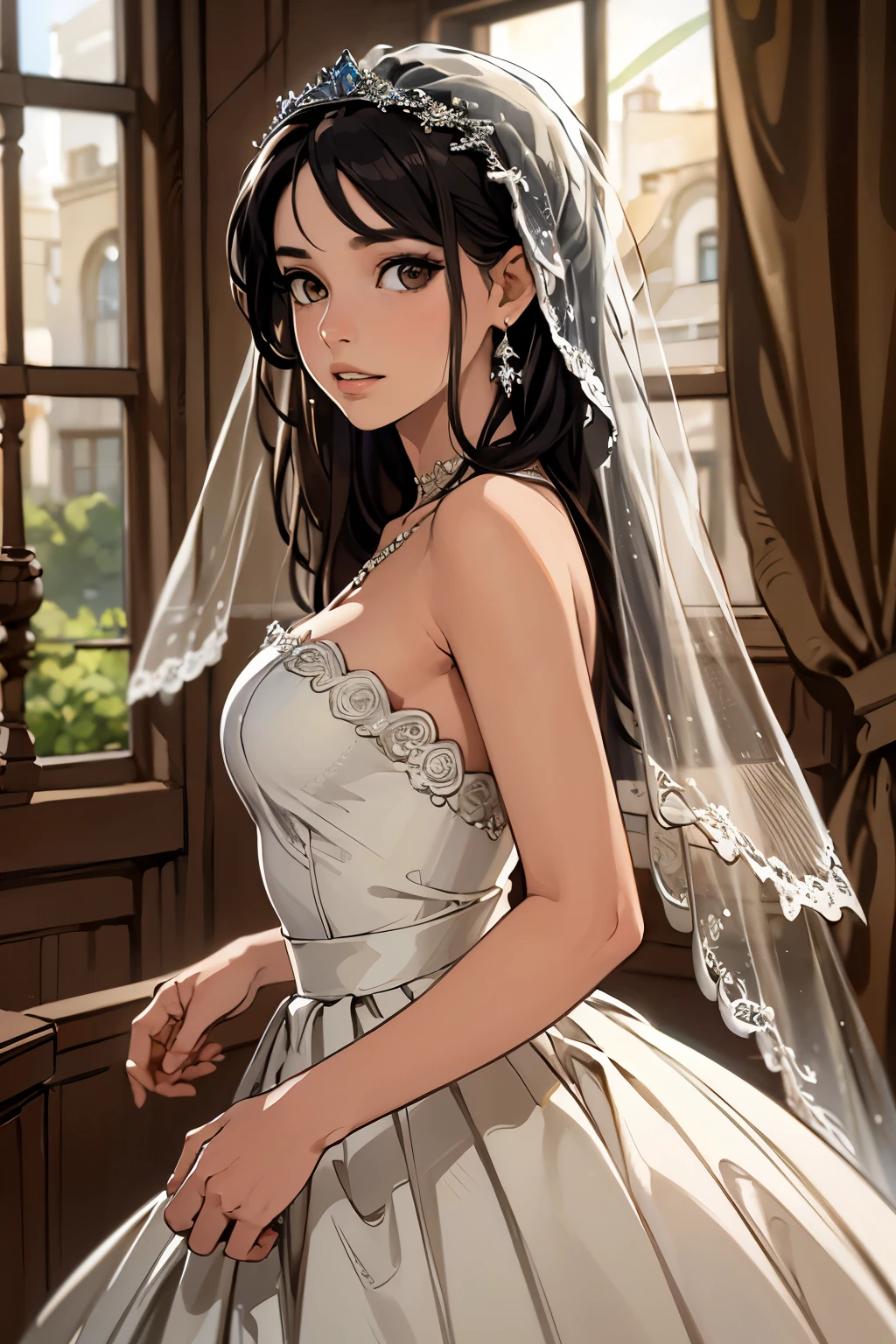 (Masterpiece), best quality, highest quality, highly detailed CG unity 8k wallpaper, original, high resolution, (depth of field: 1.5), fidelity: 1.3,  bride portrait style, 1 girl, curtains, veil , bridal veil, wedding dress, curtains, jewelry, solo, earrings, teeth, bride, black_hair