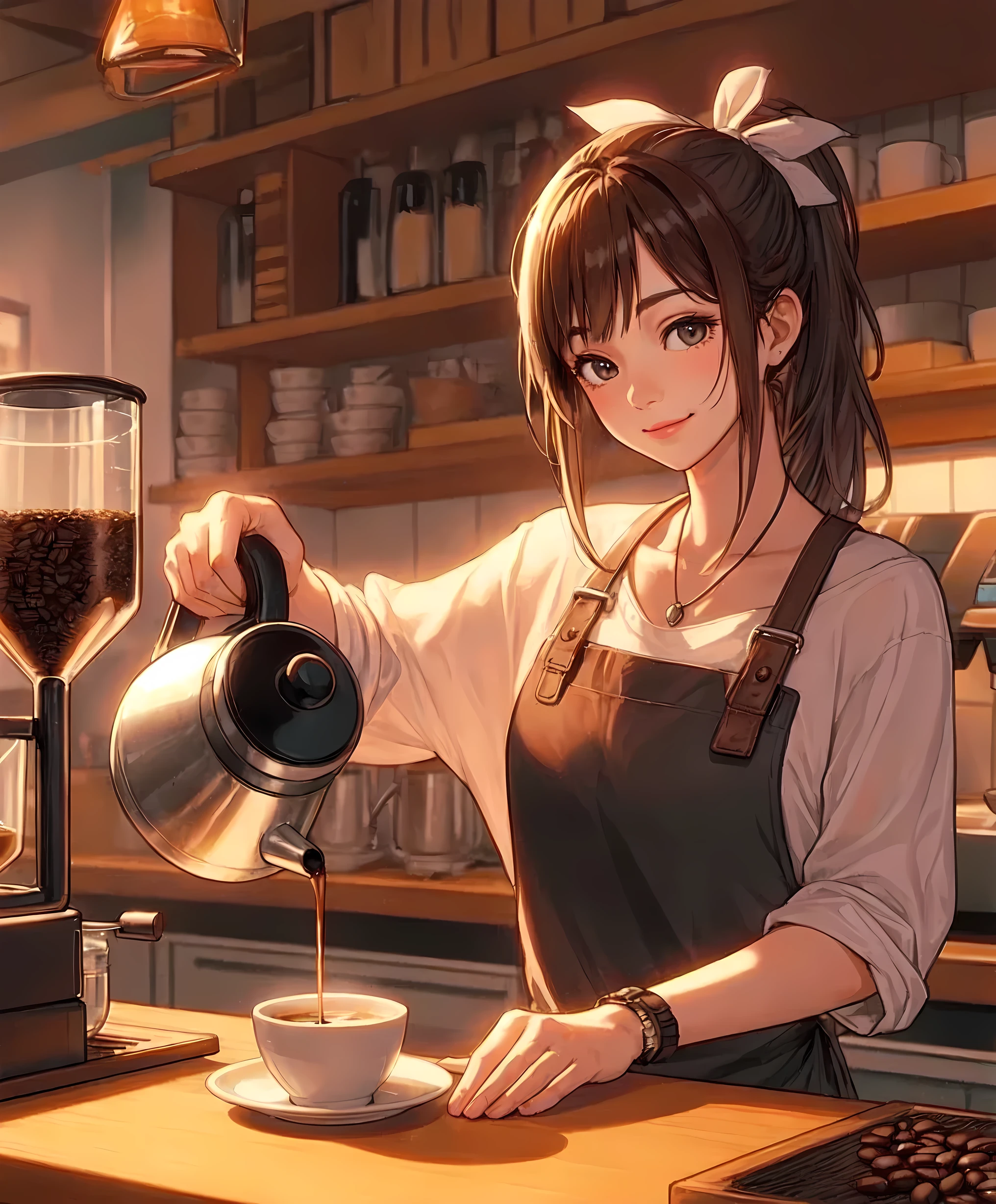 1lady solo, standing, ((pouring coffee into a cup:1.1) on counter), barista, (calm outfit) apron, (mature female:0.8), /(light brown hair/) bangs, (low ponytail), kind smile, (masterpiece best quality:1.2) delicate illustration ultra-detailed, medium breasts BREAK ((holding pot:1.1) in hand), (coffee flowing quietly from the pod) BREAK (cozy cafe) indoors, (shelves with coffee beans and equipment), warm lighting, detailed background