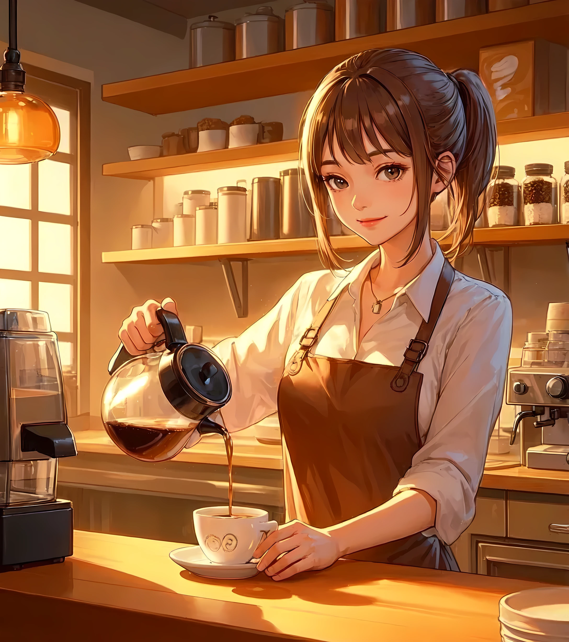 1lady solo, standing, ((pouring coffee into a cup:1.1) on counter), barista, (calm outfit) apron, (mature female:0.8), /(light brown hair/) bangs, (low ponytail), kind smile, (masterpiece best quality:1.2) delicate illustration ultra-detailed, medium breasts BREAK ((holding pot:1.1) in hand), (coffee flowing quietly from the pod) BREAK (cozy cafe) indoors, (shelves with coffee beans and equipment), warm lighting, detailed background