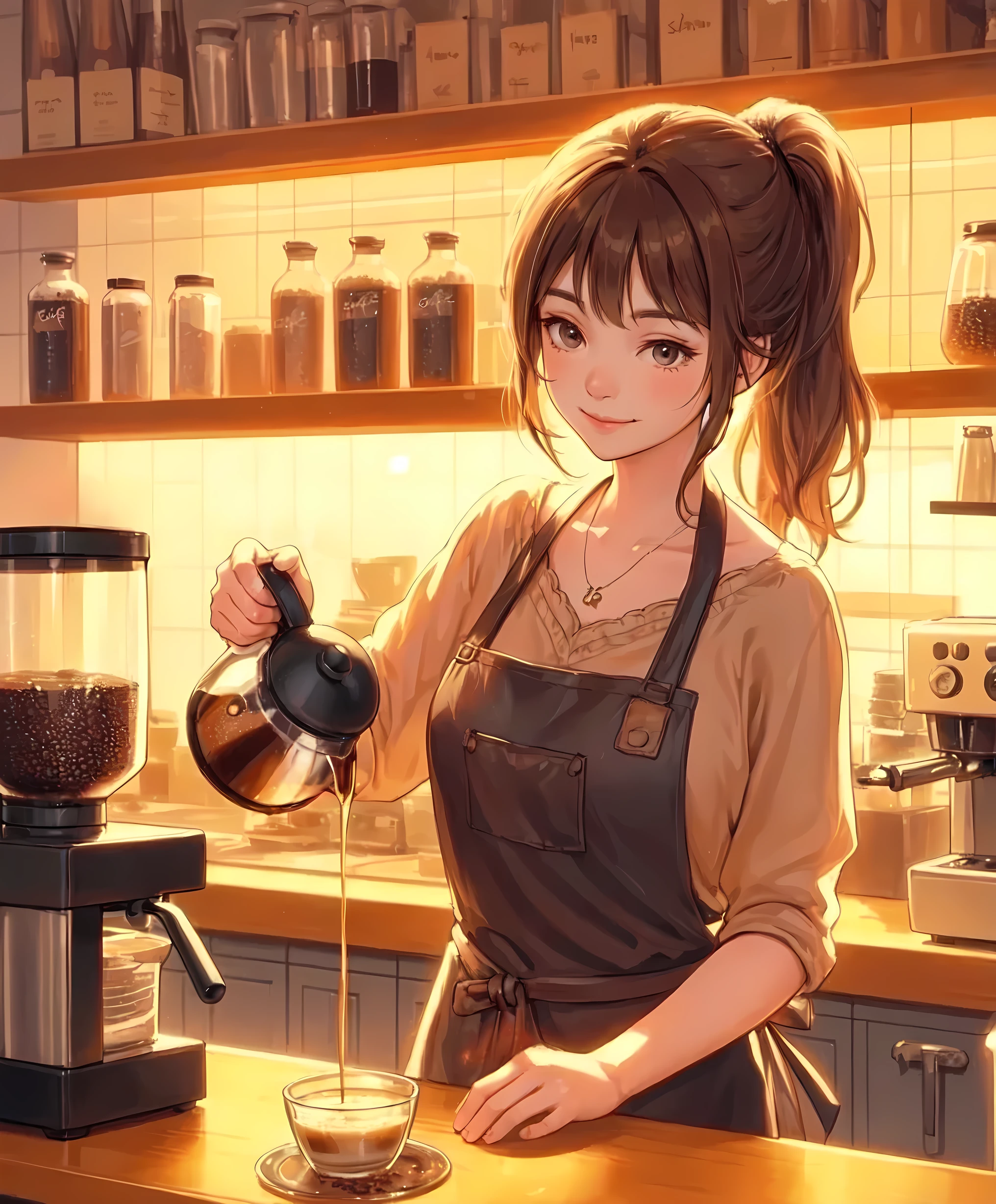 1lady solo, standing, ((pouring coffee into a cup:1.1) on counter), barista, (calm outfit) apron, (mature female:0.8), /(light brown hair/) bangs, (low ponytail), kind smile, (masterpiece best quality:1.2) delicate illustration ultra-detailed, medium breasts BREAK ((holding pot:1.1) in hand), (coffee flowing quietly from the pod) BREAK (cozy cafe) indoors, (shelves with coffee beans and equipment), warm lighting, detailed background