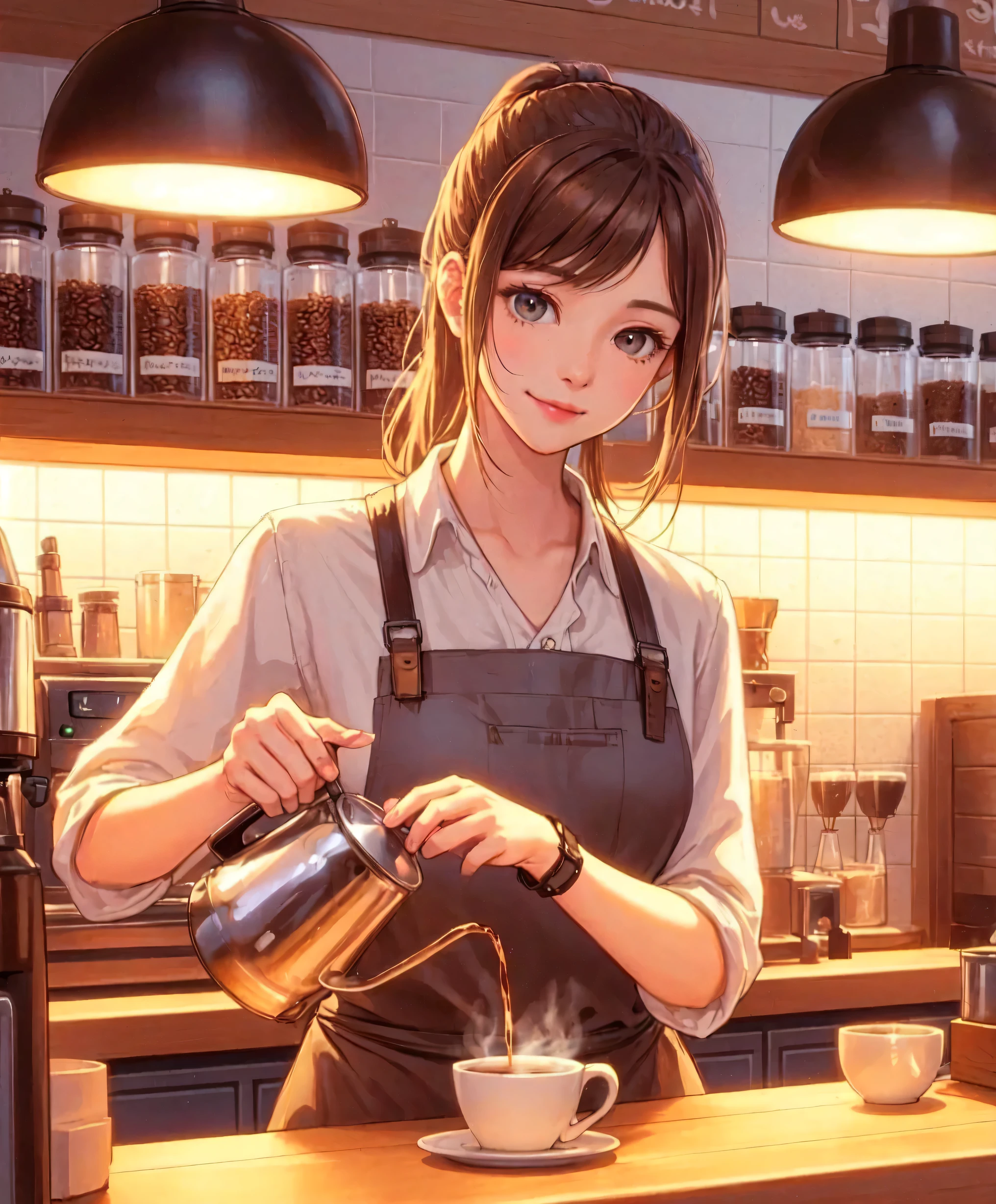 1lady solo, standing, ((pouring coffee into a cup:1.1) on counter), barista, (calm outfit) apron, (mature female:0.8), /(light brown hair/) bangs, (low ponytail), kind smile, (masterpiece best quality:1.2) delicate illustration ultra-detailed, medium breasts BREAK ((holding pot:1.1) in hand), (coffee flowing quietly from the pod) BREAK (cozy cafe) indoors, (shelves with coffee beans and equipment), warm lighting, detailed background