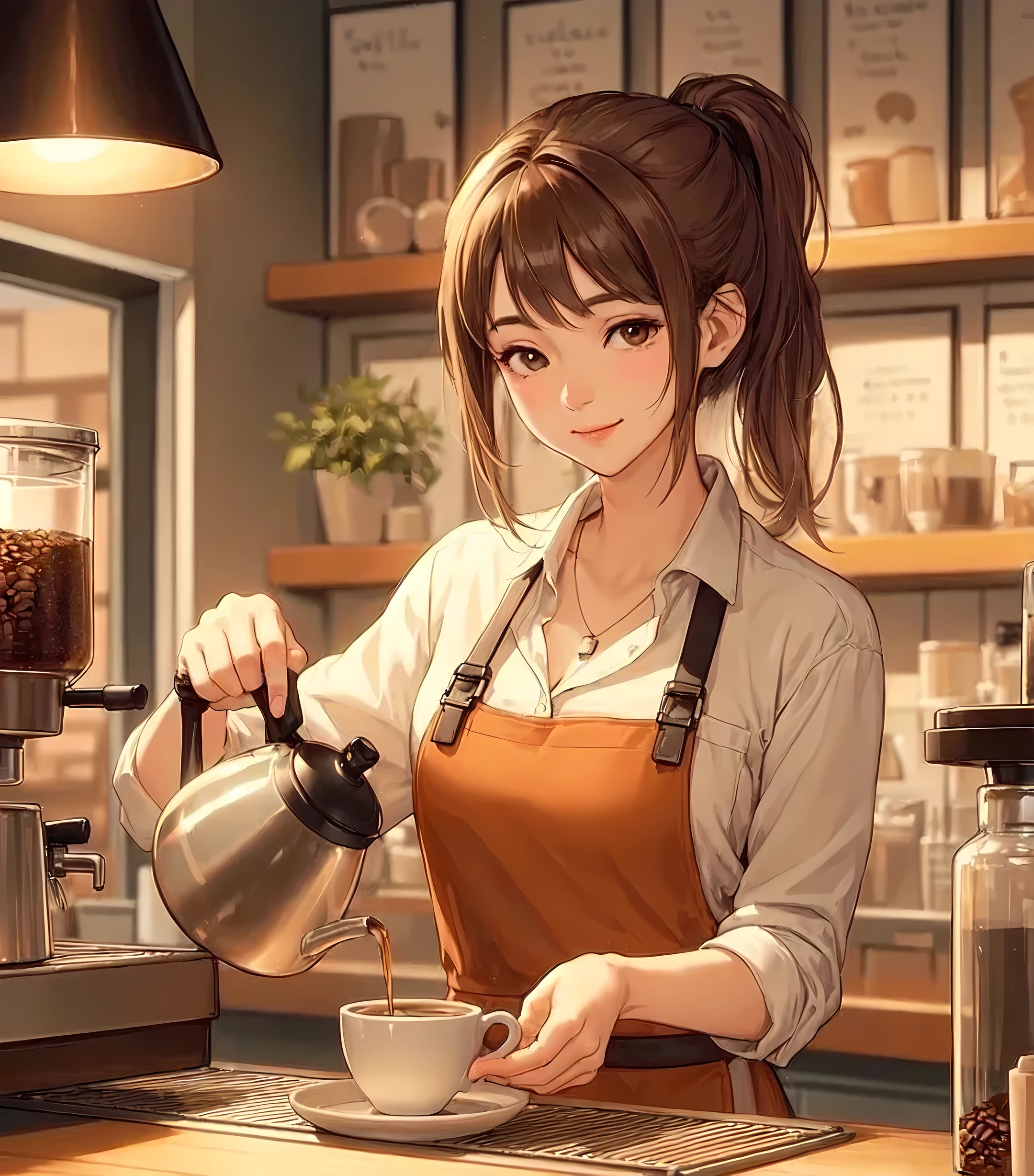 1lady solo, standing, ((pouring coffee into a cup:1.1) on counter), barista, (calm outfit) apron, (mature female:0.8), /(light brown hair/) bangs, (low ponytail), kind smile, (masterpiece best quality:1.2) delicate illustration ultra-detailed, medium breasts BREAK ((holding pot:1.1) in hand), (coffee flowing quietly from the pod) BREAK (cozy cafe) indoors, (shelves with coffee beans and equipment), warm lighting, detailed background