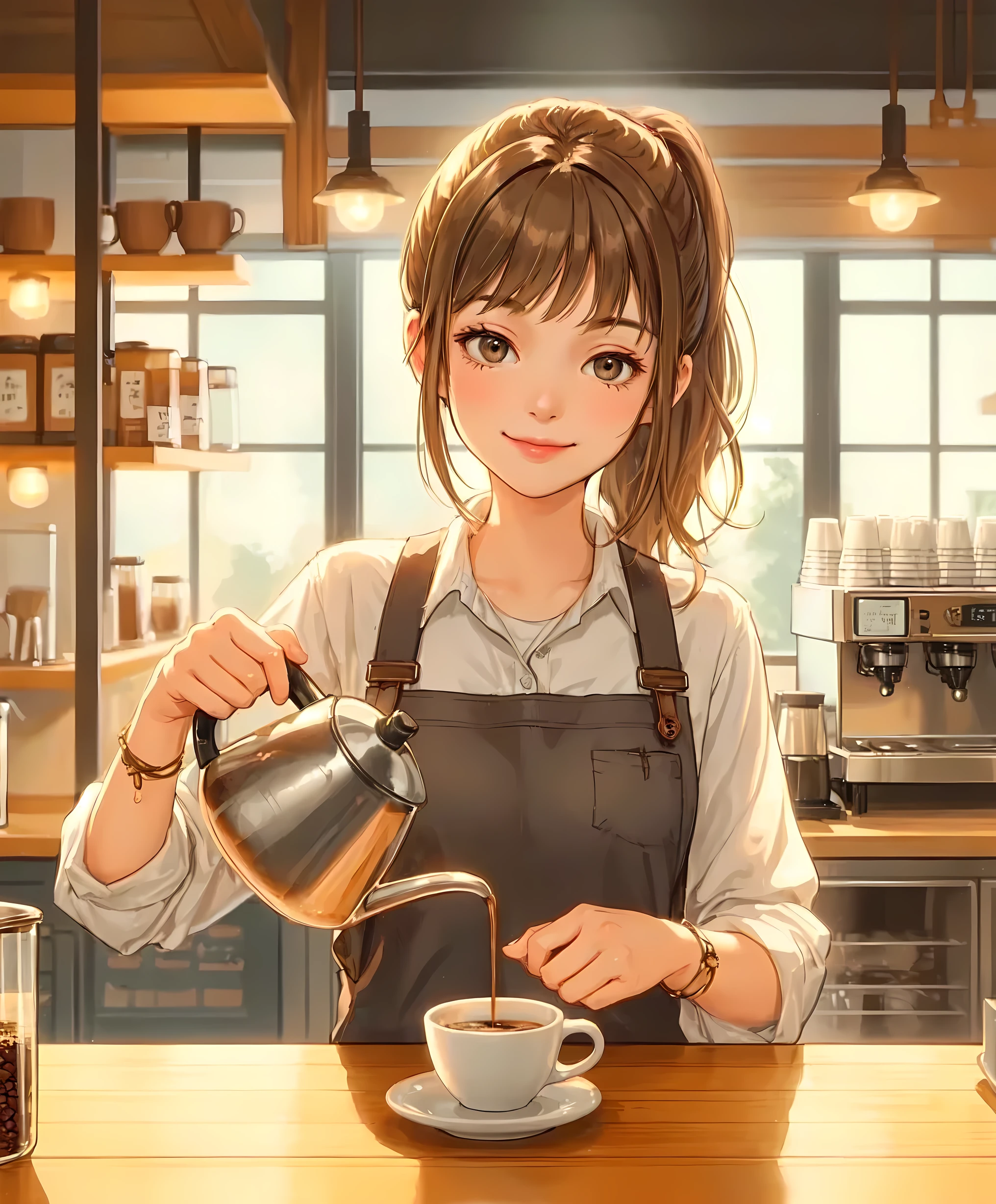 1lady solo, standing, ((pouring coffee into a cup:1.1) on counter), barista, (calm outfit) apron, (mature female:0.8), /(light brown hair/) bangs, (low ponytail), kind smile, (masterpiece best quality:1.2) delicate illustration ultra-detailed, medium breasts BREAK ((holding pot:1.1) in hand), (coffee flowing quietly from the pod) BREAK (cozy cafe) indoors, (shelves with coffee beans and equipment), warm lighting, detailed background