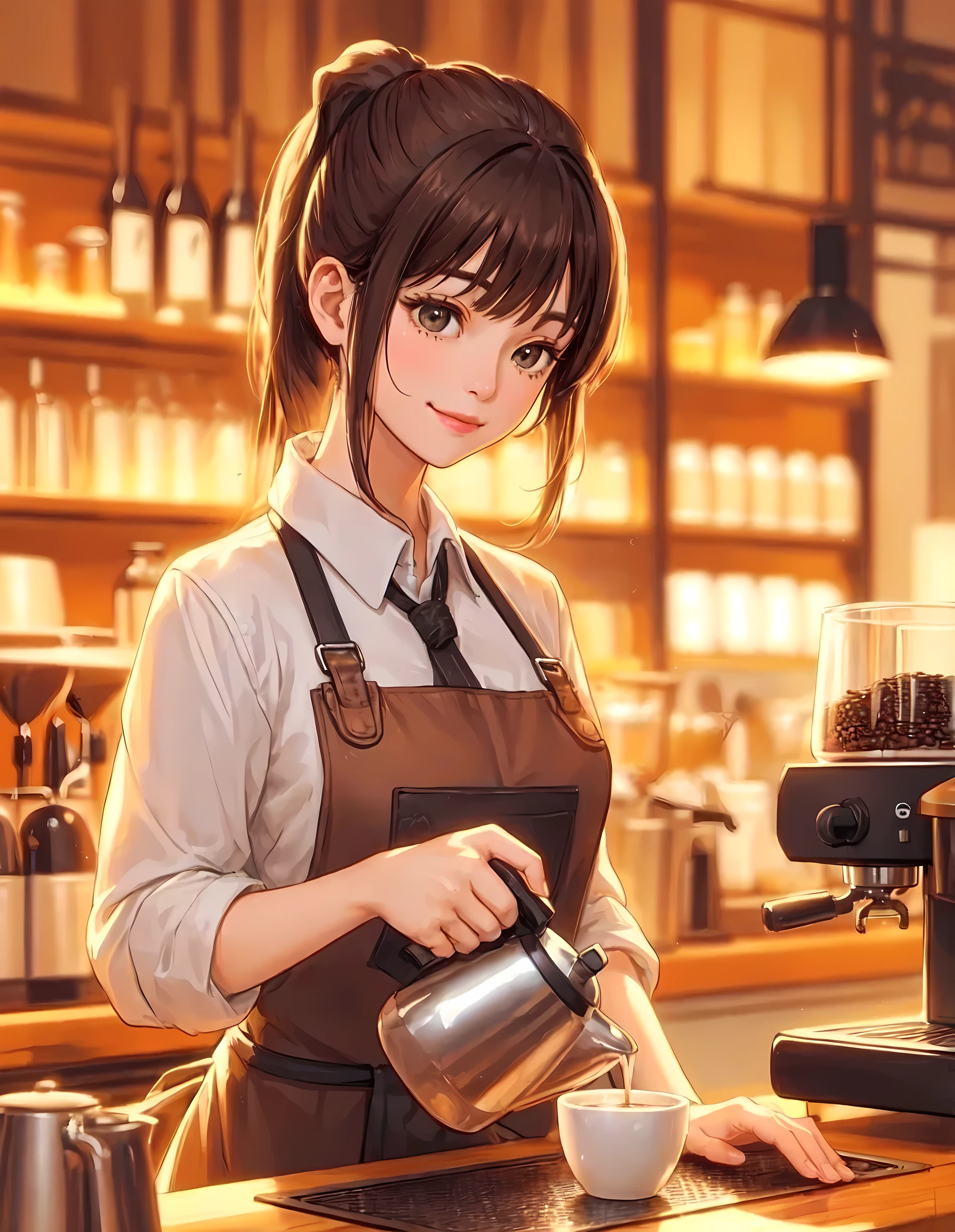 1lady solo, standing, ((pouring coffee into a cup:1.1) on counter), barista, (calm outfit) apron, (mature female:0.8), /(light brown hair/) bangs, (low ponytail), kind smile, (masterpiece best quality:1.2) delicate illustration ultra-detailed, medium breasts BREAK ((holding pot:1.1) in hand), (coffee flowing quietly from the pod) BREAK (cozy cafe) indoors, (shelves with coffee beans and equipment), warm lighting, detailed background