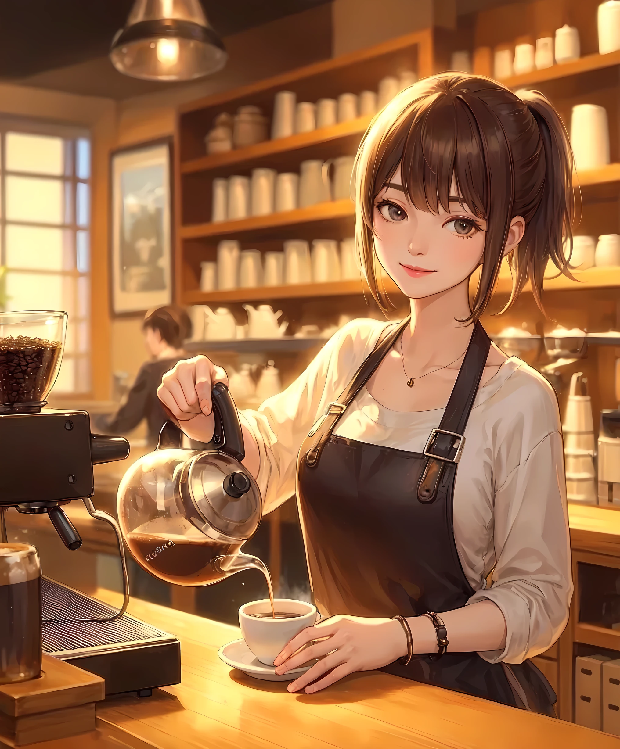 1lady solo, standing, ((pouring coffee into a cup:1.1) on counter), barista, (calm outfit) apron, (mature female:0.8), /(light brown hair/) bangs, (low ponytail), kind smile, (masterpiece best quality:1.2) delicate illustration ultra-detailed, medium breasts BREAK ((holding pot:1.1) in hand), (coffee flowing quietly from the pod) BREAK (cozy cafe) indoors, (shelves with coffee beans and equipment), warm lighting, detailed background